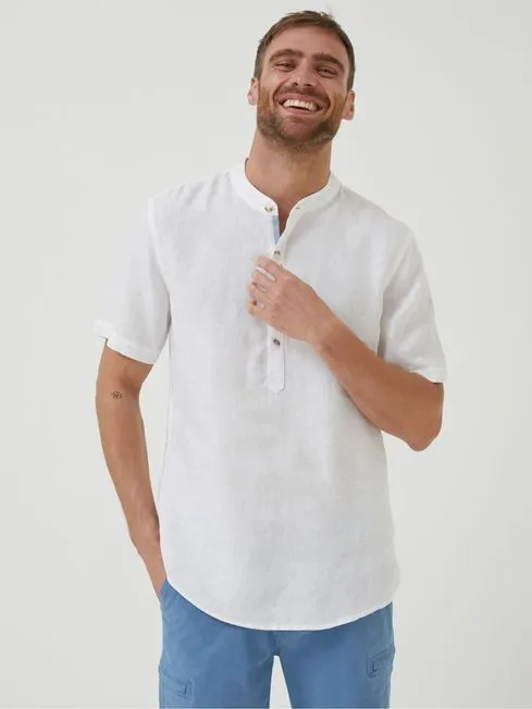 Men Fatface Shirts White Pop Over Linen Shirt