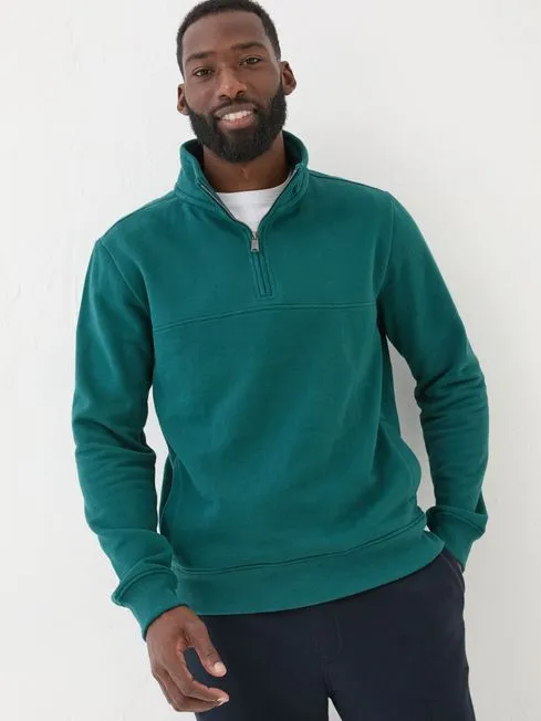 Men Fatface Sweatshirts and Hoodies Dark Teal Brooke Half Neck 100 Cotton Sweatshirt