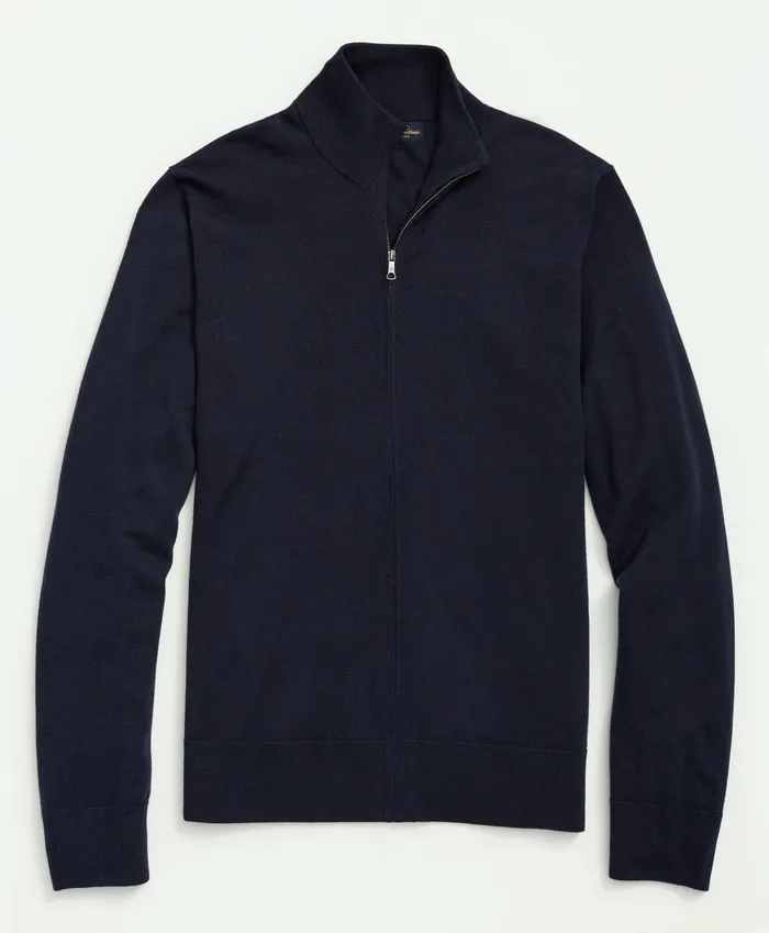 Men Fine Merino Wool Full Zip Sweater Navy Brooks Brothers Sweaters