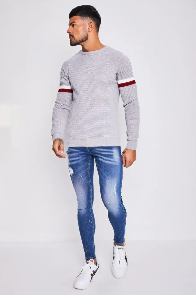 Men Grey Knit Sweater With Bands Grey Brentiny Paris Sweatshirts and Pullovers