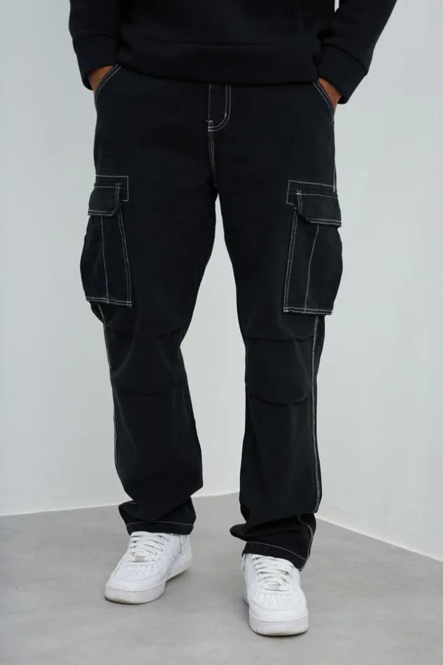 Men Jean Cargo Noir Couture Blanche Black Brentiny Paris Pants