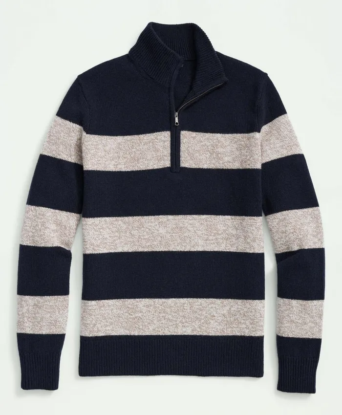 Men Merino Wool Striped HalfZip Sweater Navy Multi Brooks Brothers Sweaters