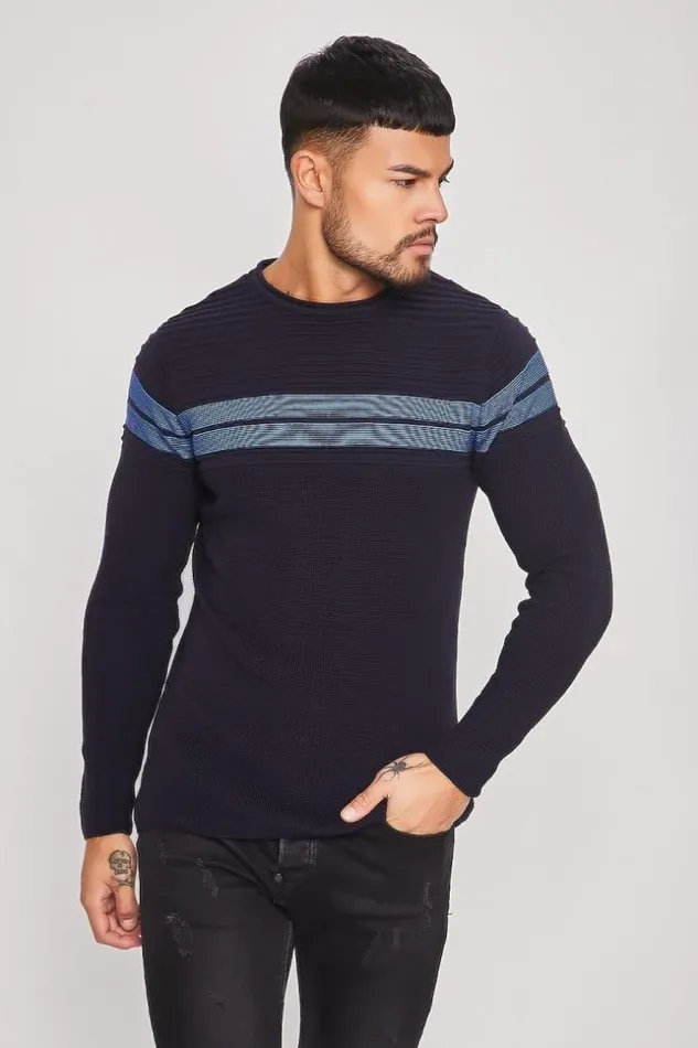 Men Navy Blue Sweater With Black Stripes Blue Brentiny Paris Sweatshirts and Pullovers