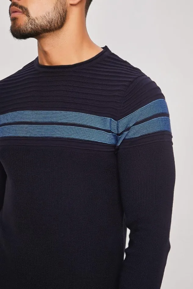 Men Navy Blue Sweater With Black Stripes Blue Brentiny Paris Sweatshirts and Pullovers