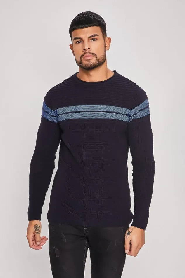 Men Navy Blue Sweater With Black Stripes Blue Brentiny Paris Sweatshirts and Pullovers