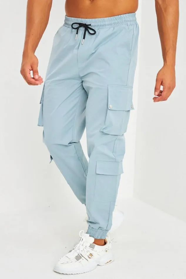 Men Pantalon De Jogging Bleu Gris Double Poches Cargo Blue Brentiny Paris Pants