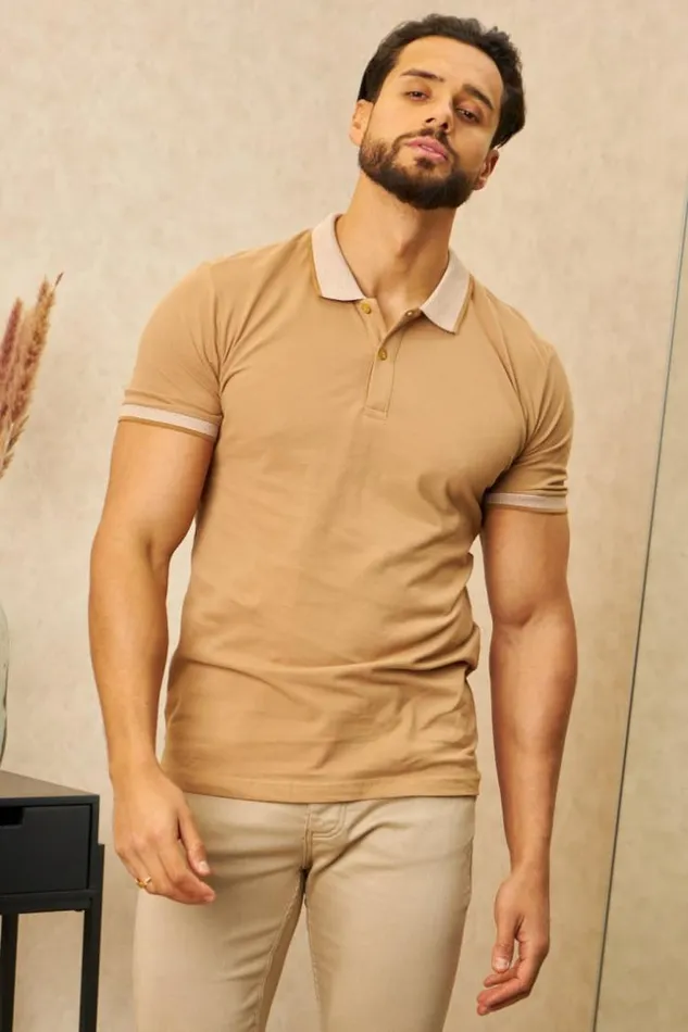 Men Polo Beige Col Mao Rayures Beige Brentiny Paris Polo Shirts