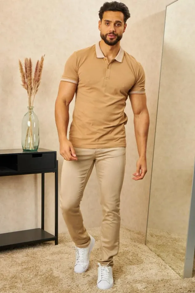 Men Polo Beige Col Mao Rayures Beige Brentiny Paris Polo Shirts