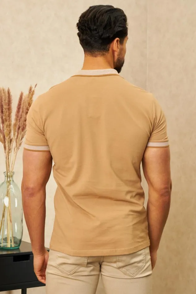 Men Polo Beige Col Mao Rayures Beige Brentiny Paris Polo Shirts
