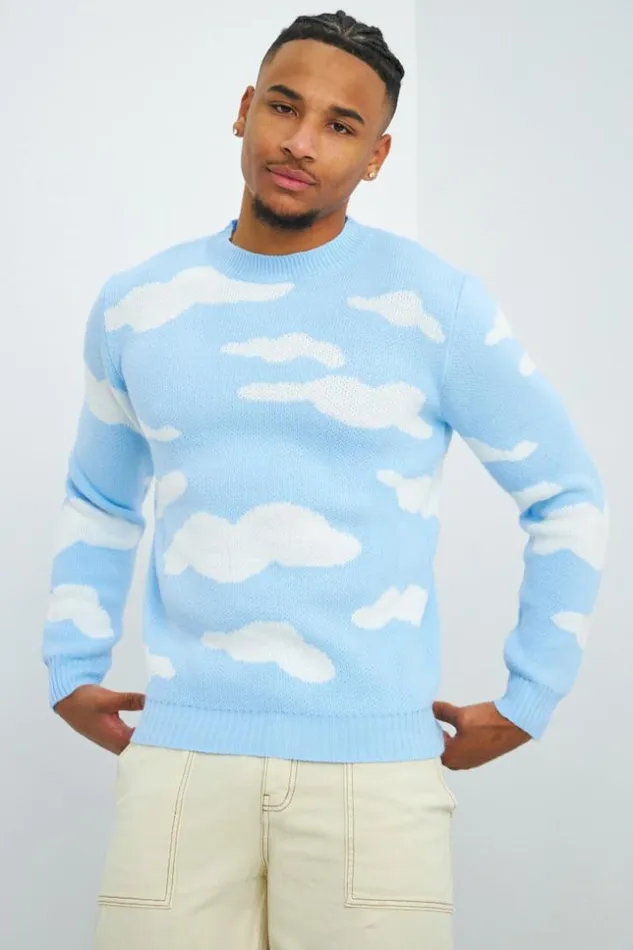 Men Pull Bleu Motif Nuage Blanc Blue Brentiny Paris Sweatshirts and Pullovers
