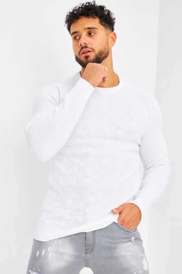 Men Pull En Maille Blanc Effet Quadrill En Relief White Brentiny Paris Sweatshirts and Pullovers Men Pull En Maille Blanc Effet Quadrill En Relief White Brentiny Paris Sweatshirts and Pullovers