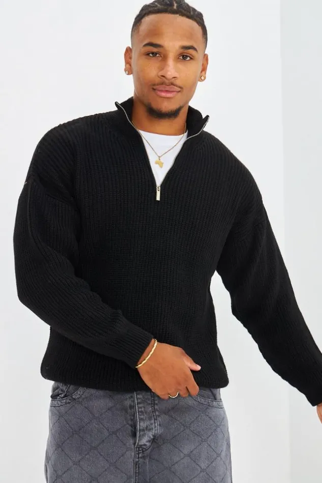 Men Pull Noir En Maille Col Zipp Black Brentiny Paris Sweatshirts and Pullovers