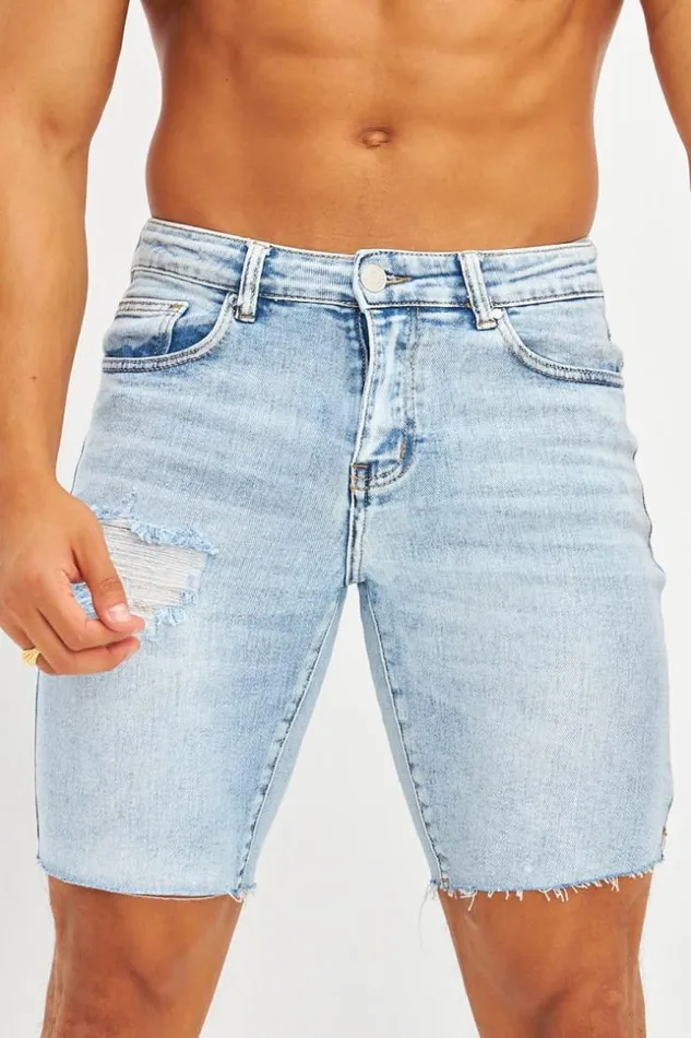 Men Short Jean Brut Effiloch Bleu Clair Bleuclair Brentiny Paris Shorts