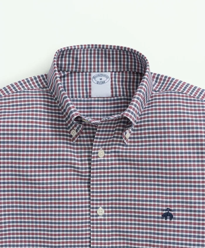 Men Stretch Cotton NonIron Oxford Polo ButtonDown Collar MiniGraph Checked Shirt Dark Red Brooks Brothers Sport Shirts