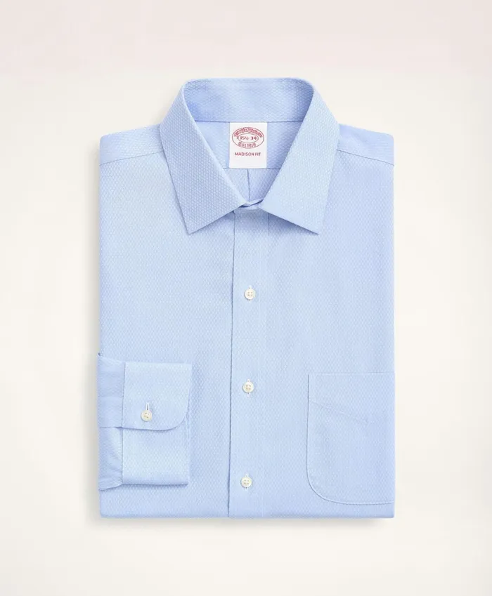 Men Stretch Madison RelaxedFit Dress Shirt NonIron Dobby Ainsley Collar Diamond Light Blue Brooks Brothers Dress Shirts
