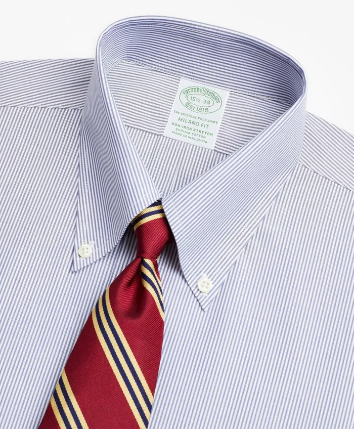 Men Stretch Milano SlimFit Dress Shirt NonIron Poplin ButtonDown Collar Fine Stripe Navy Brooks Brothers Dress Shirts