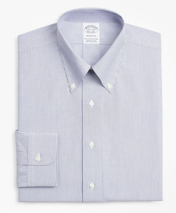 Men Stretch Milano SlimFit Dress Shirt NonIron Poplin ButtonDown Collar Fine Stripe Navy Brooks Brothers Dress Shirts