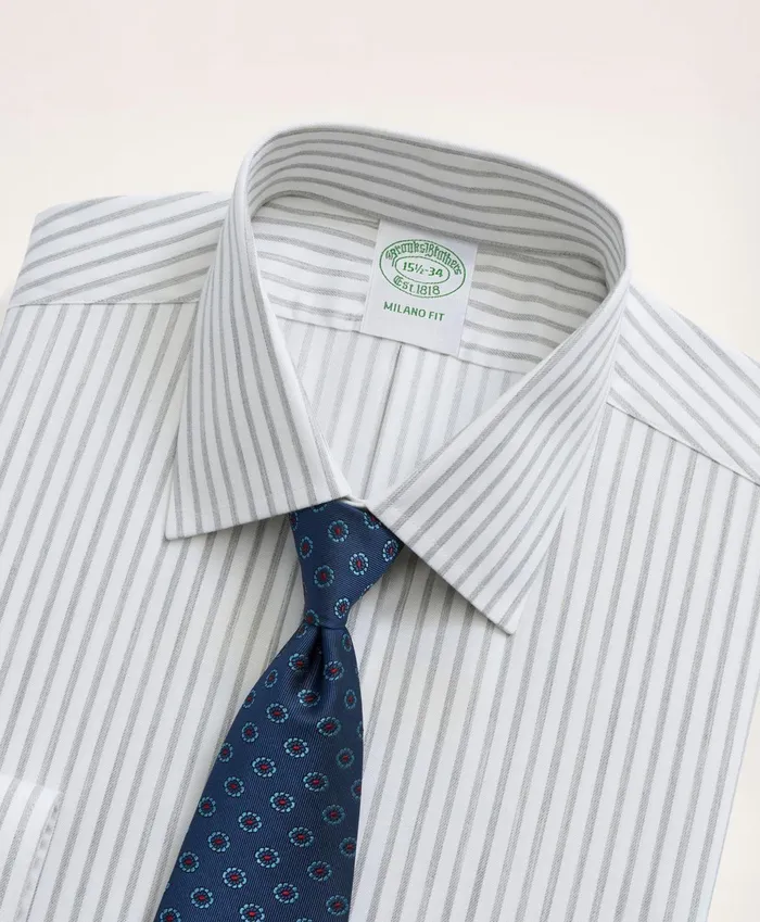 Men Stretch Milano SlimFit Dress Shirt NonIron Twill Stripe Ainsley Collar Grey Brooks Brothers Dress Shirts