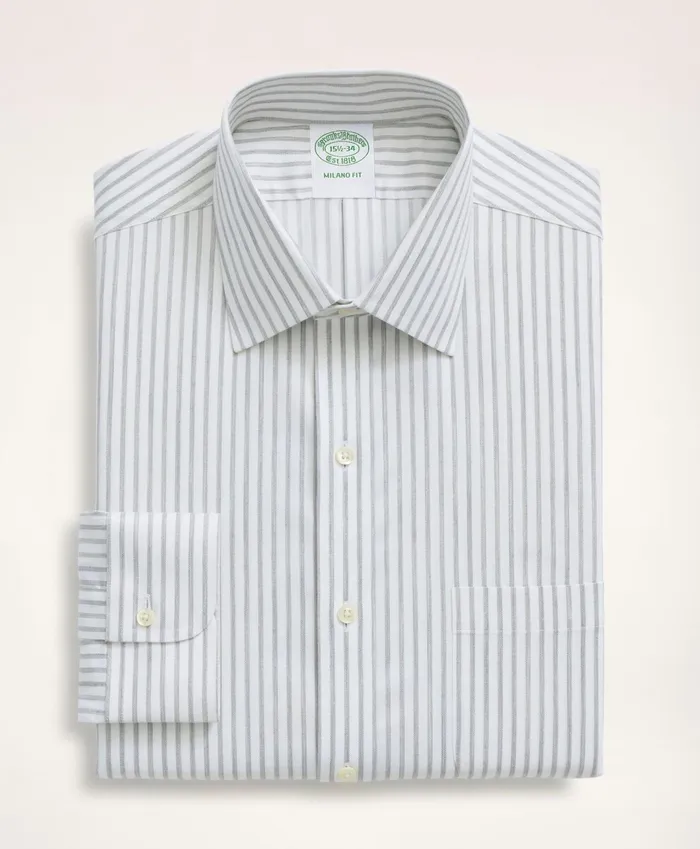 Men Stretch Milano SlimFit Dress Shirt NonIron Twill Stripe Ainsley Collar Grey Brooks Brothers Dress Shirts