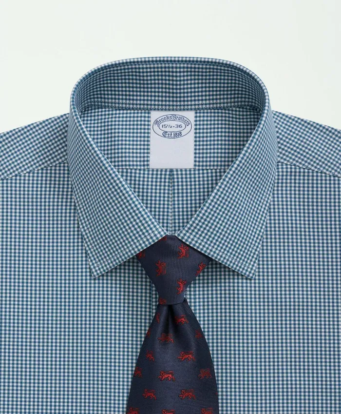 Men Stretch Supima Cotton NonIron Pinpoint Oxford Ainsley Collar Gingham Dress Shirt Teal Brooks Brothers Dress Shirts