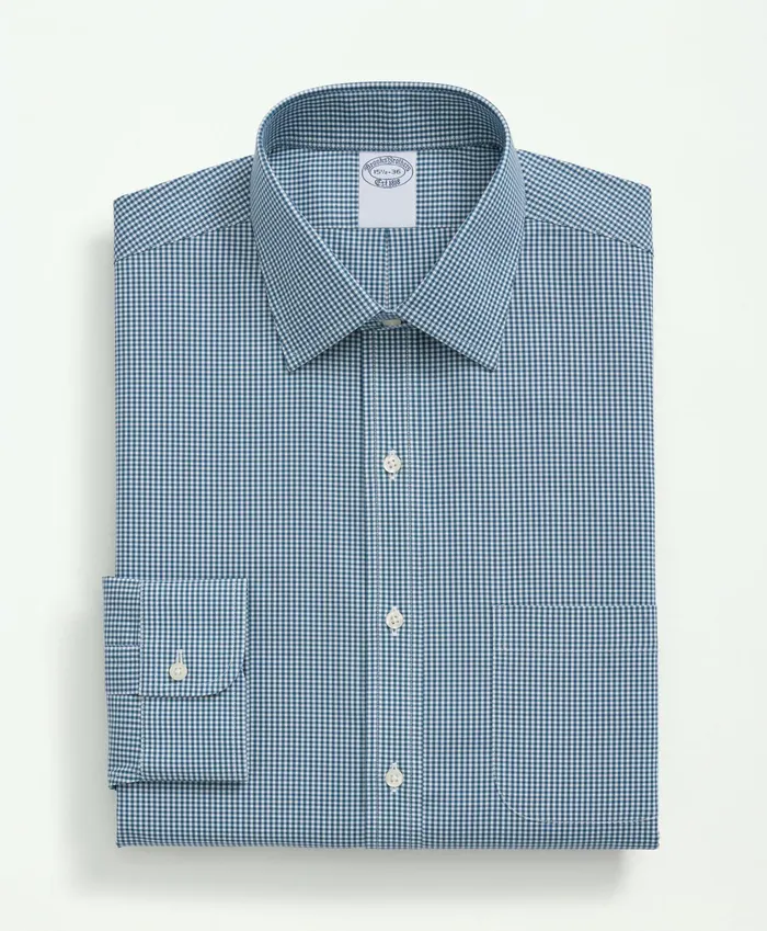 Men Stretch Supima Cotton NonIron Pinpoint Oxford Ainsley Collar Gingham Dress Shirt Teal Brooks Brothers Dress Shirts
