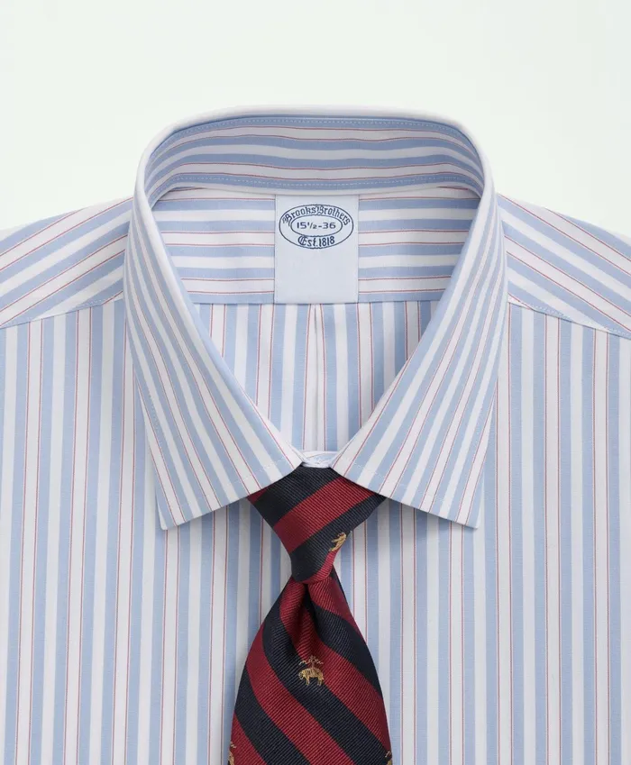 Men Stretch Supima Cotton NonIron Poplin Ainsley Collar Striped Dress Shirt Light Blue Brooks Brothers Dress Shirts