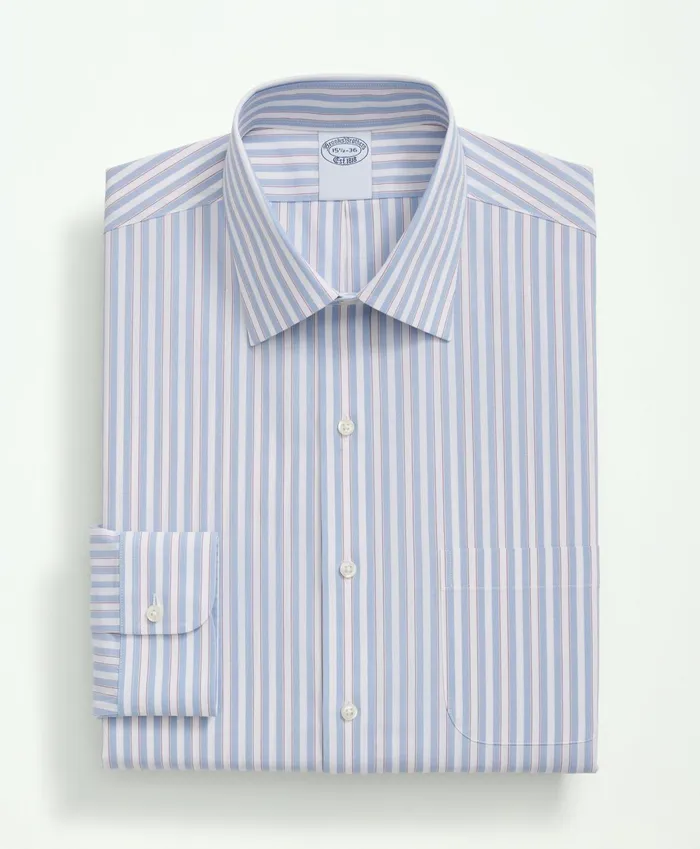 Men Stretch Supima Cotton NonIron Poplin Ainsley Collar Striped Dress Shirt Light Blue Brooks Brothers Dress Shirts