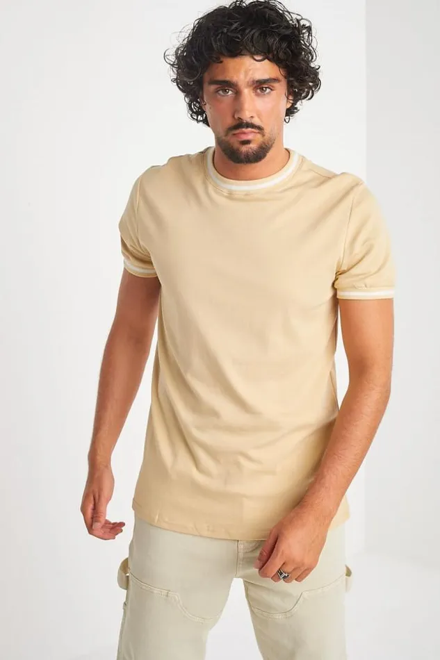 Men TShirt Beige Col Rond Bandes Blanches Beige Brentiny Paris TShirts