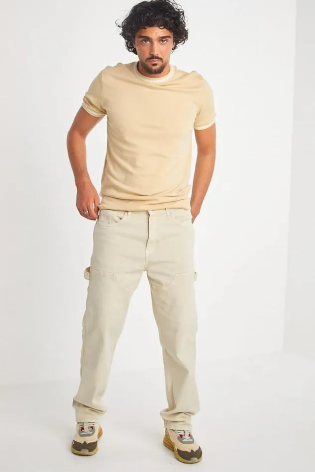 Men TShirt Beige Col Rond Bandes Blanches Beige Brentiny Paris TShirts