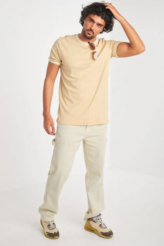 Men TShirt Beige Col Rond Bandes Blanches Beige Brentiny Paris TShirts