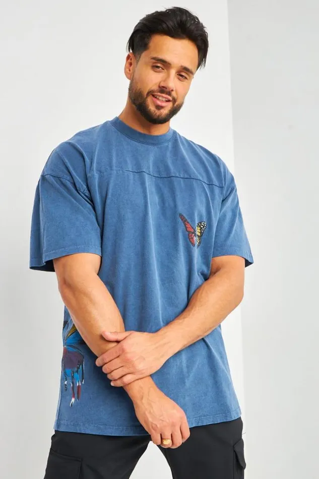 Men TShirt Bleu Imprim Papillons Multicolores Brentiny Paris TShirts