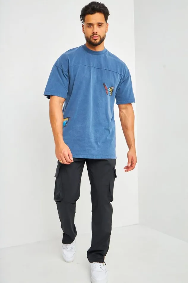 Men TShirt Bleu Imprim Papillons Multicolores Brentiny Paris TShirts