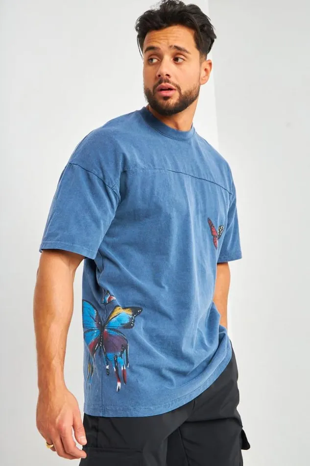 Men TShirt Bleu Imprim Papillons Multicolores Brentiny Paris TShirts