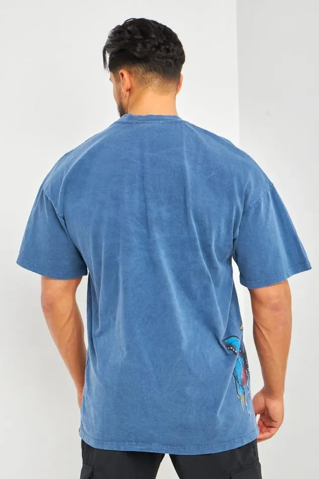 Men TShirt Bleu Imprim Papillons Multicolores Brentiny Paris TShirts
