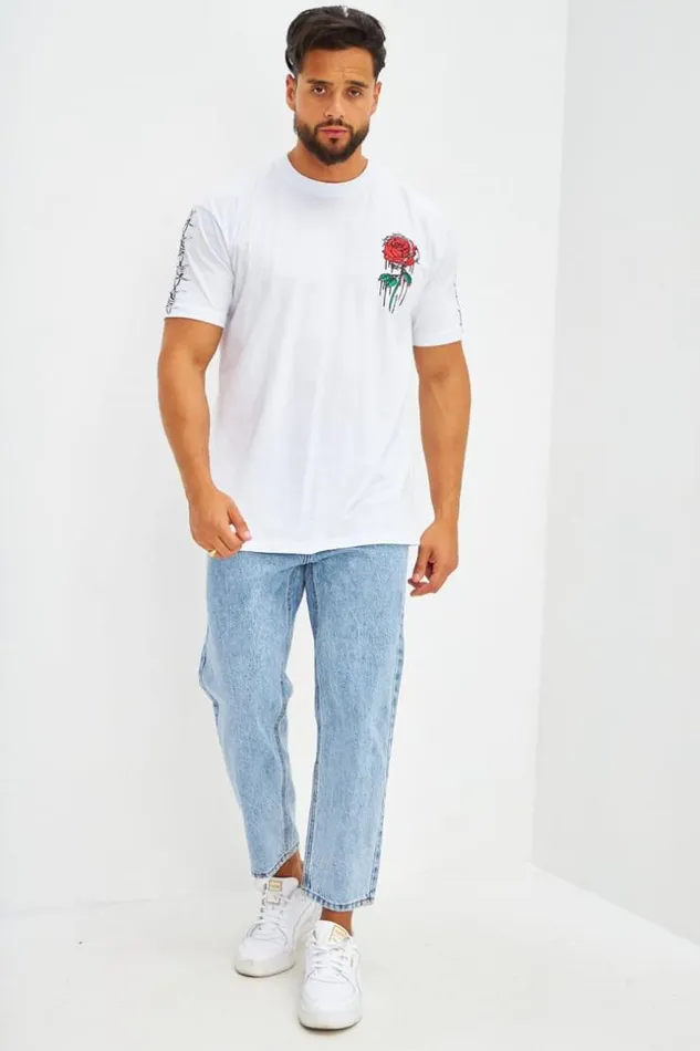 Men TShirt Oversize Floqu Rose Barbel Blanc White Brentiny Paris TShirts