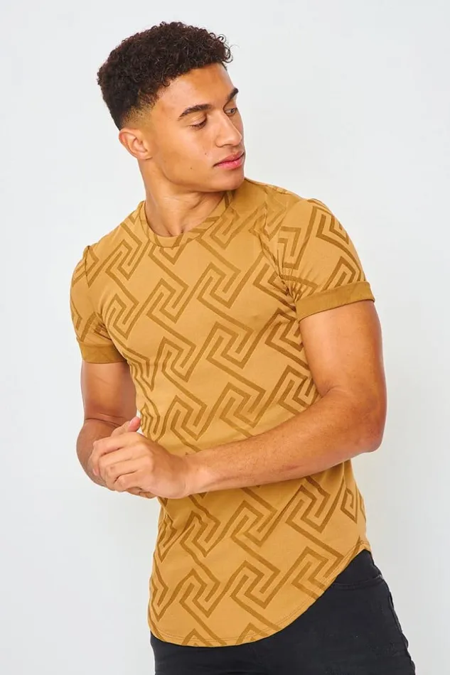 Men TShirt With Greek Print In Camel Camel Brentiny Paris TShirts
