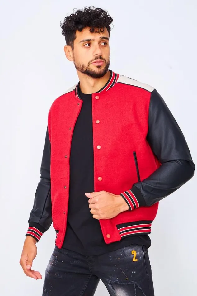 Men Varsity Bomber Jacket With Faux Leather Sleeves In Red And Black Red Brentiny Paris Jackets Men Varsity Bomber Jacket With Faux Leather Sleeves In Red And Black Red Brentiny Paris Jackets