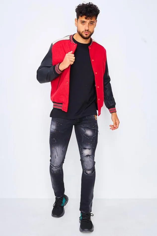 Men Varsity Bomber Jacket With Faux Leather Sleeves In Red And Black Red Brentiny Paris Jackets