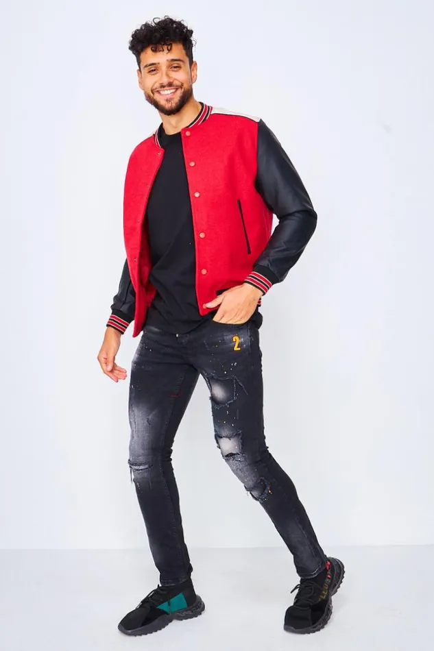 Men Varsity Bomber Jacket With Faux Leather Sleeves In Red And Black Red Brentiny Paris Jackets