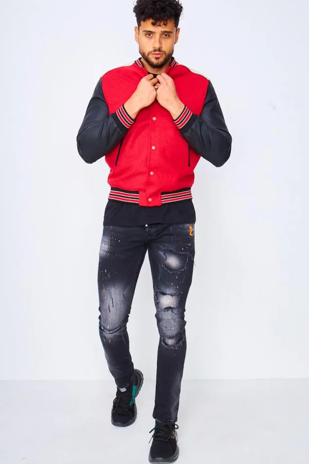 Men Varsity Bomber Jacket With Faux Leather Sleeves In Red And Black Red Brentiny Paris Jackets