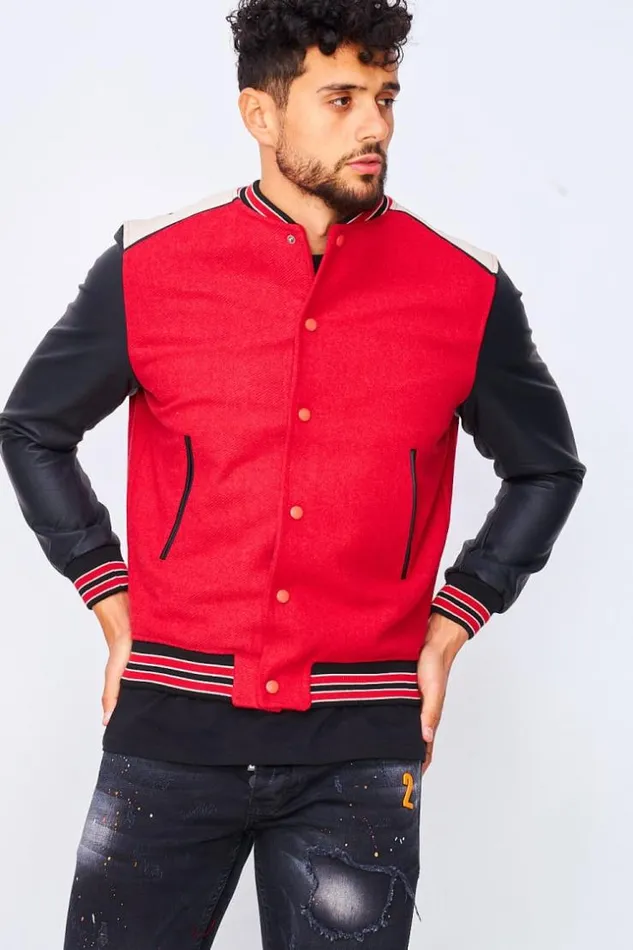Men Varsity Bomber Jacket With Faux Leather Sleeves In Red And Black Red Brentiny Paris Jackets