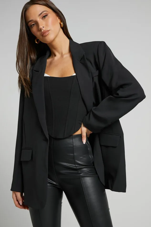 Michelle Blazer 8211 Oversized Plunge Neck Button Up Blazer In Black Women Showpo Blazers Michelle Blazer 8211 Oversized Plunge Neck Button Up Blazer In Black Women Showpo Blazers