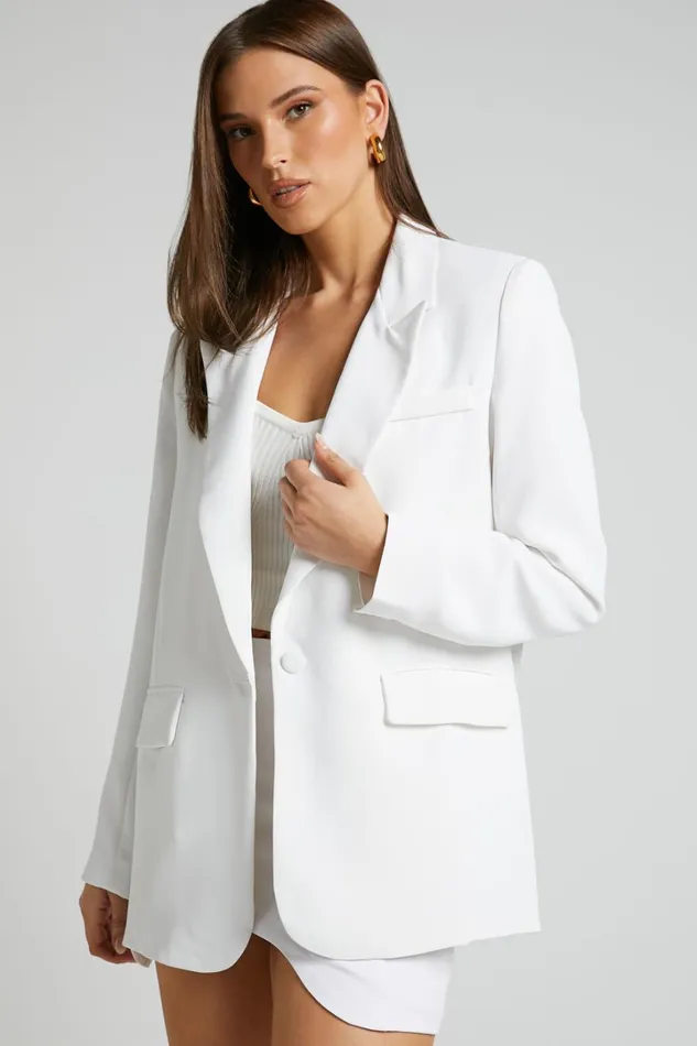 Michelle Blazer 8211 Oversized Plunge Neck Button Up Blazer In White Women Showpo Blazers