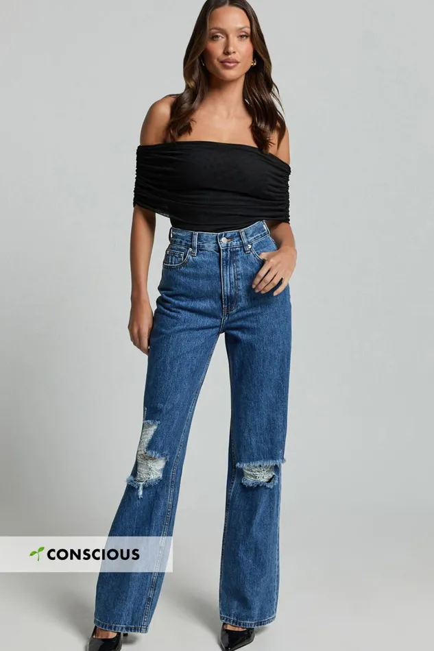 Miho Jeans 8211 High Waisted Recycled Cotton Distressed Straight Leg Denim Jeans In Dark Blue Wash Women Showpo Conscious Miho Jeans 8211 High Waisted Recycled Cotton Distressed Straight Leg Denim Jeans In Dark Blue Wash Women Showpo Conscious