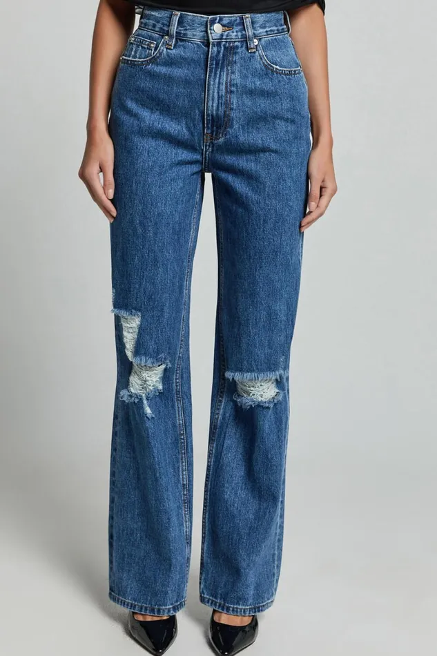 Miho Jeans 8211 High Waisted Recycled Cotton Distressed Straight Leg Denim Jeans In Dark Blue Wash Women Showpo Conscious