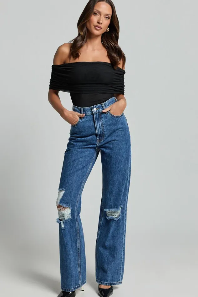 Miho Jeans 8211 High Waisted Recycled Cotton Distressed Straight Leg Denim Jeans In Dark Blue Wash Women Showpo Conscious