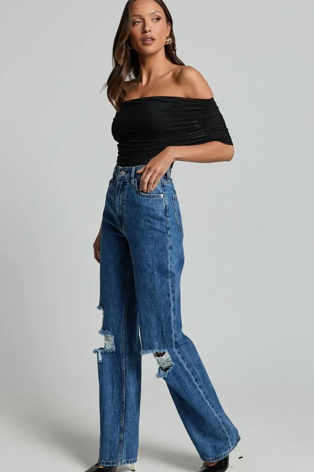 Miho Jeans 8211 High Waisted Recycled Cotton Distressed Straight Leg Denim Jeans In Dark Blue Wash Women Showpo Conscious