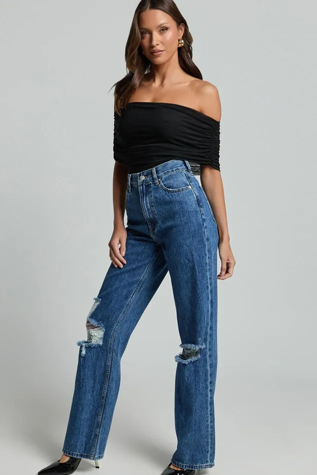 Miho Jeans 8211 High Waisted Recycled Cotton Distressed Straight Leg Denim Jeans In Dark Blue Wash Women Showpo Conscious