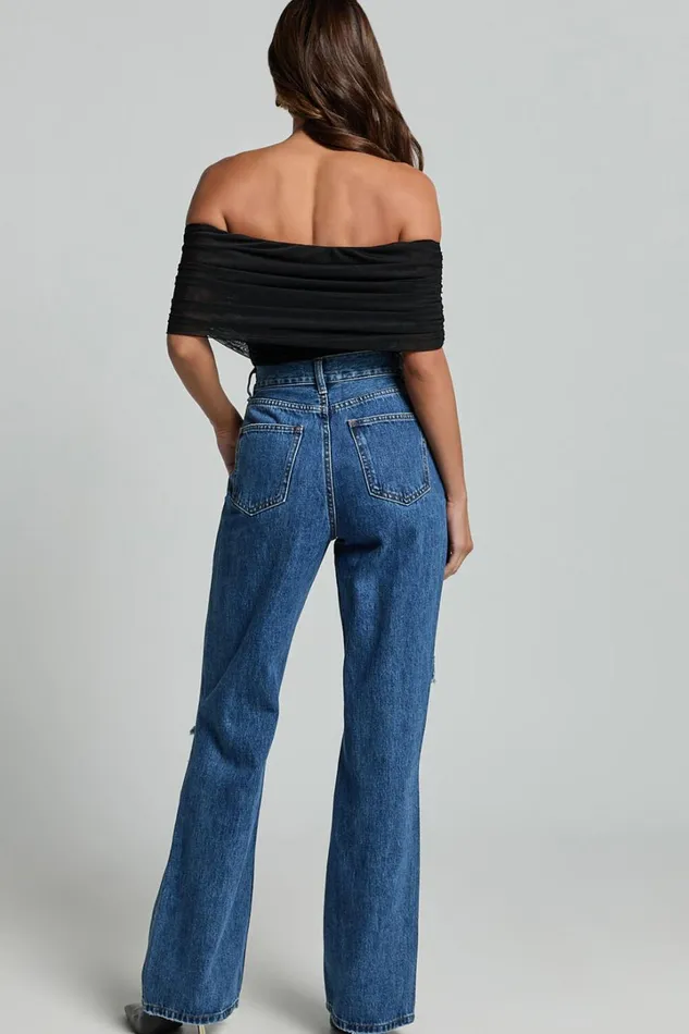 Miho Jeans 8211 High Waisted Recycled Cotton Distressed Straight Leg Denim Jeans In Dark Blue Wash Women Showpo Conscious