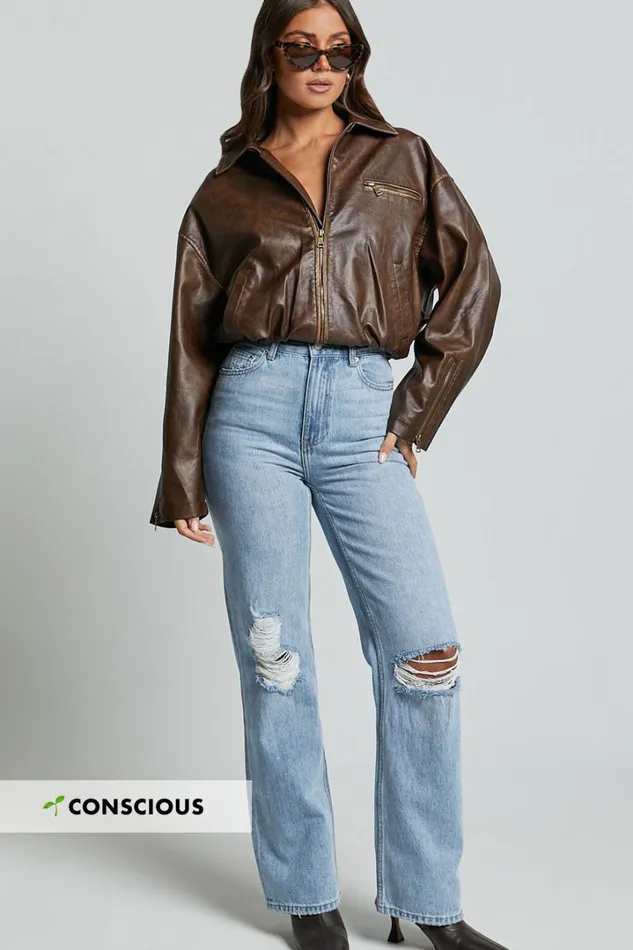 Miho Jeans 8211 High Waisted Recycled Cotton Distressed Straight Leg Denim Jeans In Mid Blue Wash Women Showpo Denim Miho Jeans 8211 High Waisted Recycled Cotton Distressed Straight Leg Denim Jeans In Mid Blue Wash Women Showpo Denim